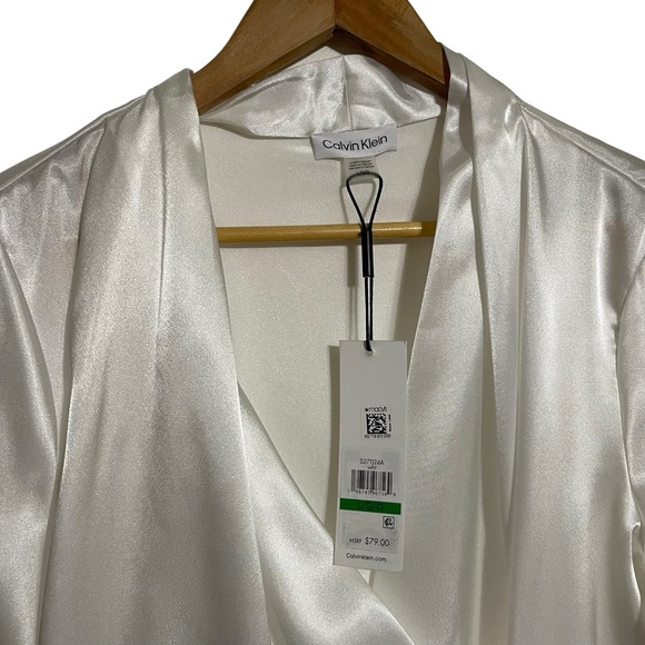 Calvin Klein Satin Surplice V-Neck Long Blouson Sleeve Cross White Blouse L - Picture 5 of 12